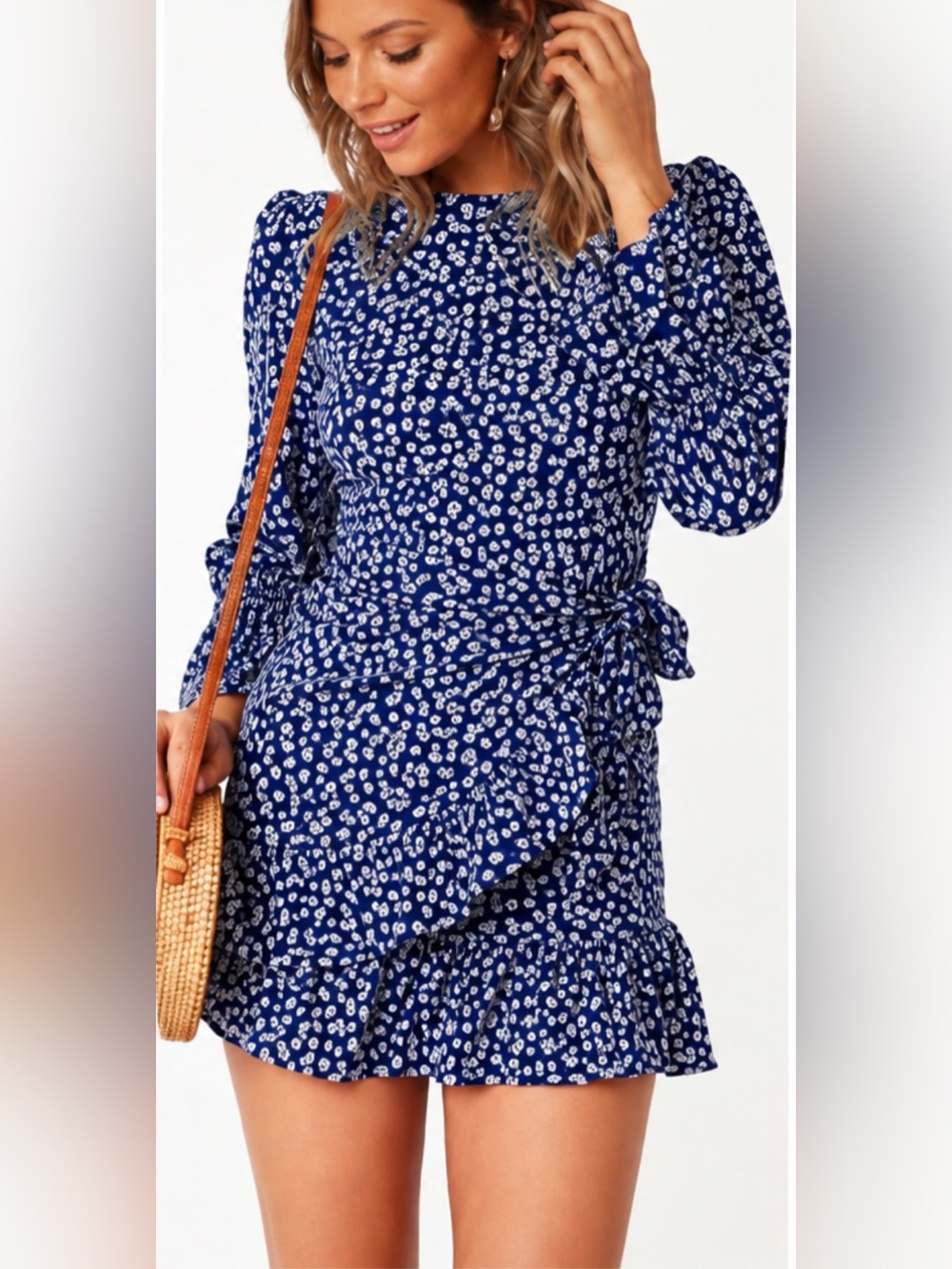 💙 Blue Floral Wrap Dress | Side Tie Ruffle Hem | Size L